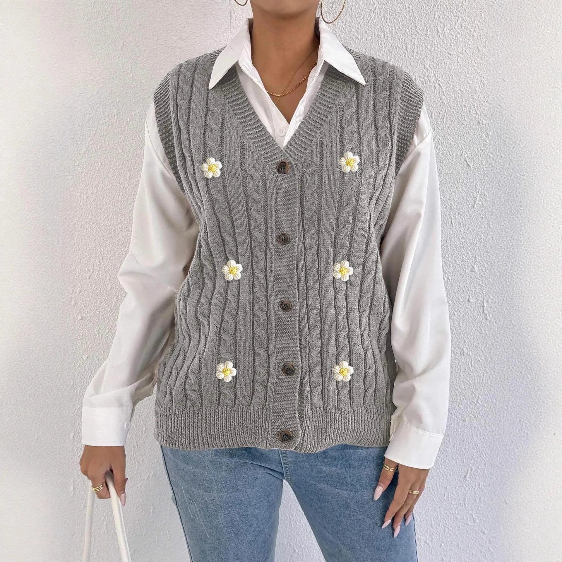 レディースニットオープンカーディガンカジュアル秋冬ファションストリートスレースレーススプライシング3Dフラワーパッチワークセーターベスト