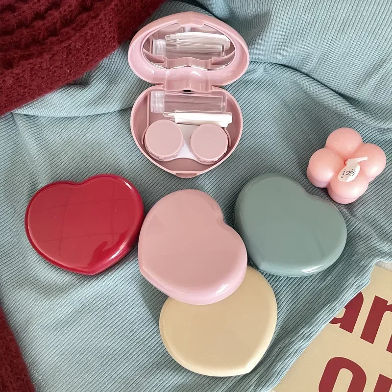 Heart Shape Contact Lens Case Mini Portable Travel Kit with Tweezers Mirror Suction Rod for Women Girl Lens Storage Accessories - view 3