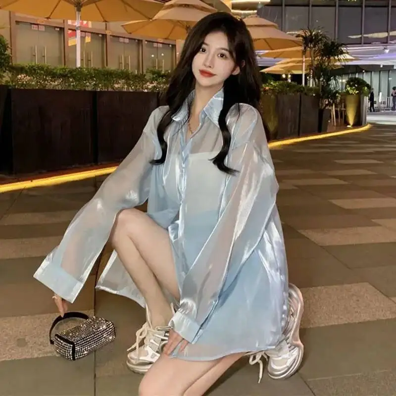 

Весенне-летняя тонкая шелковая блузка женская Pure Desire стиль жемчужный блеск прозрачные рубашки корейская белая рубашка с защитой от солнца