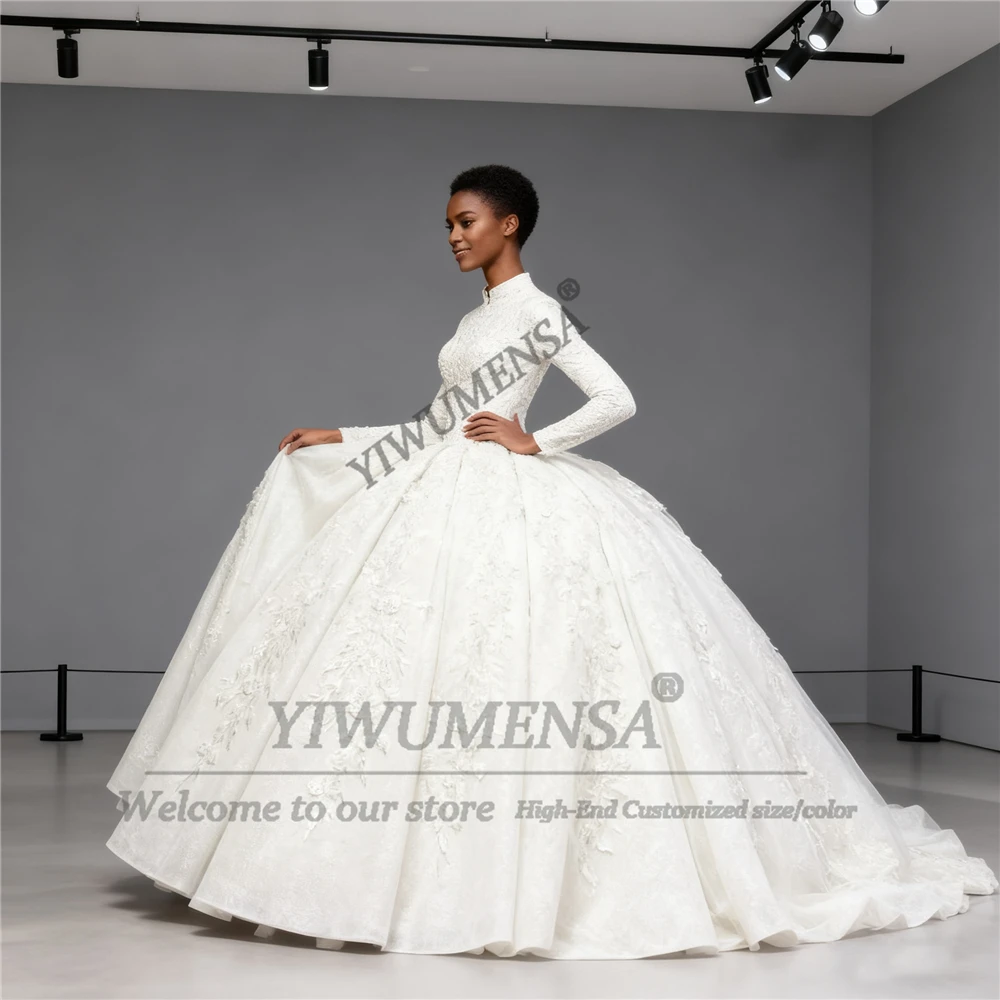 Exquisite Lace Appliques Ball Gown Wedding Dresses Royal Train Customized High Neck Long Sleeve Bridal Gowns Muslim Bride Attire