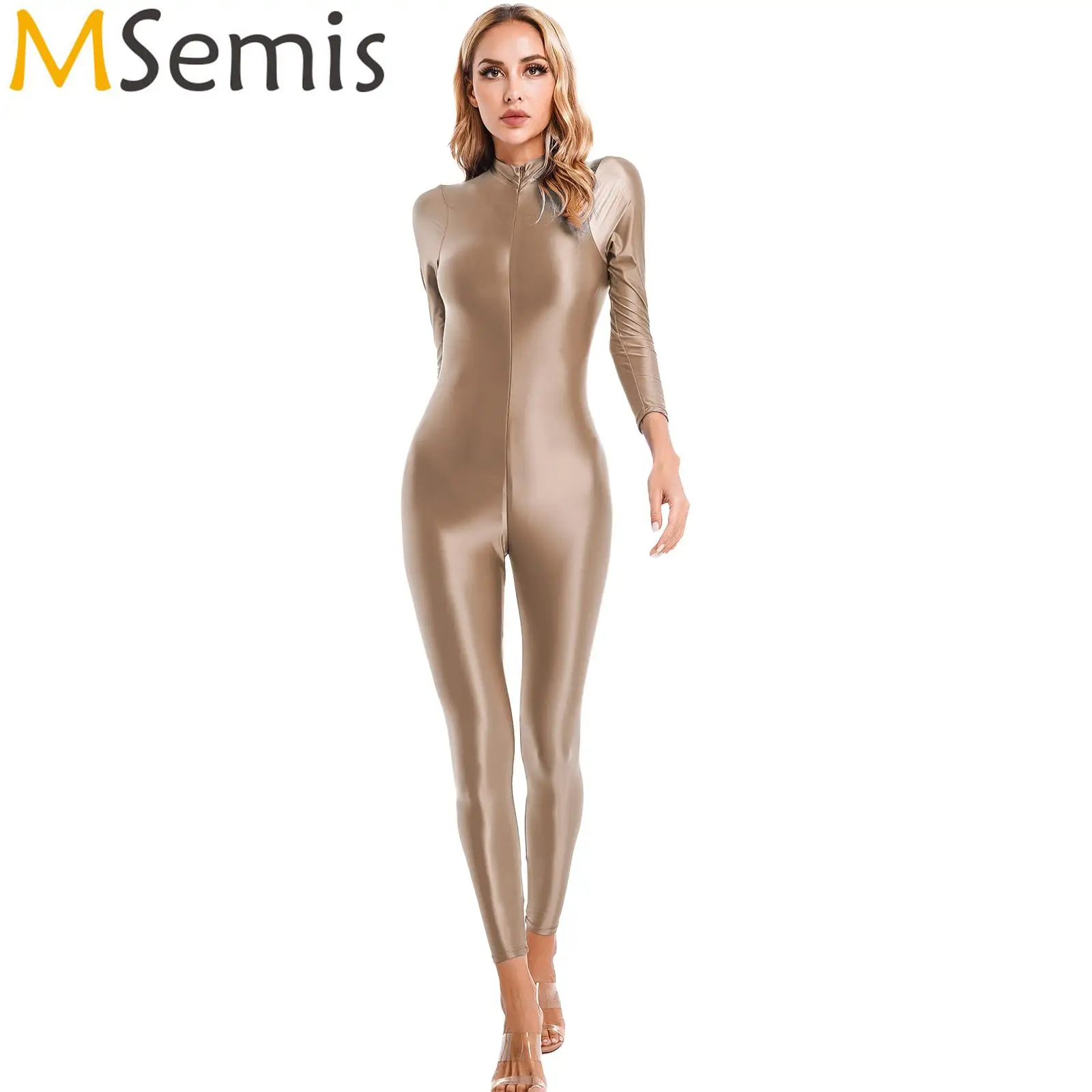 

Womens Lingerie Tights Bodysuit Swimsuit One-piece Shimmery Long Sleeves Ankle Length Double-ended Zipper Leotard Jumpsuit