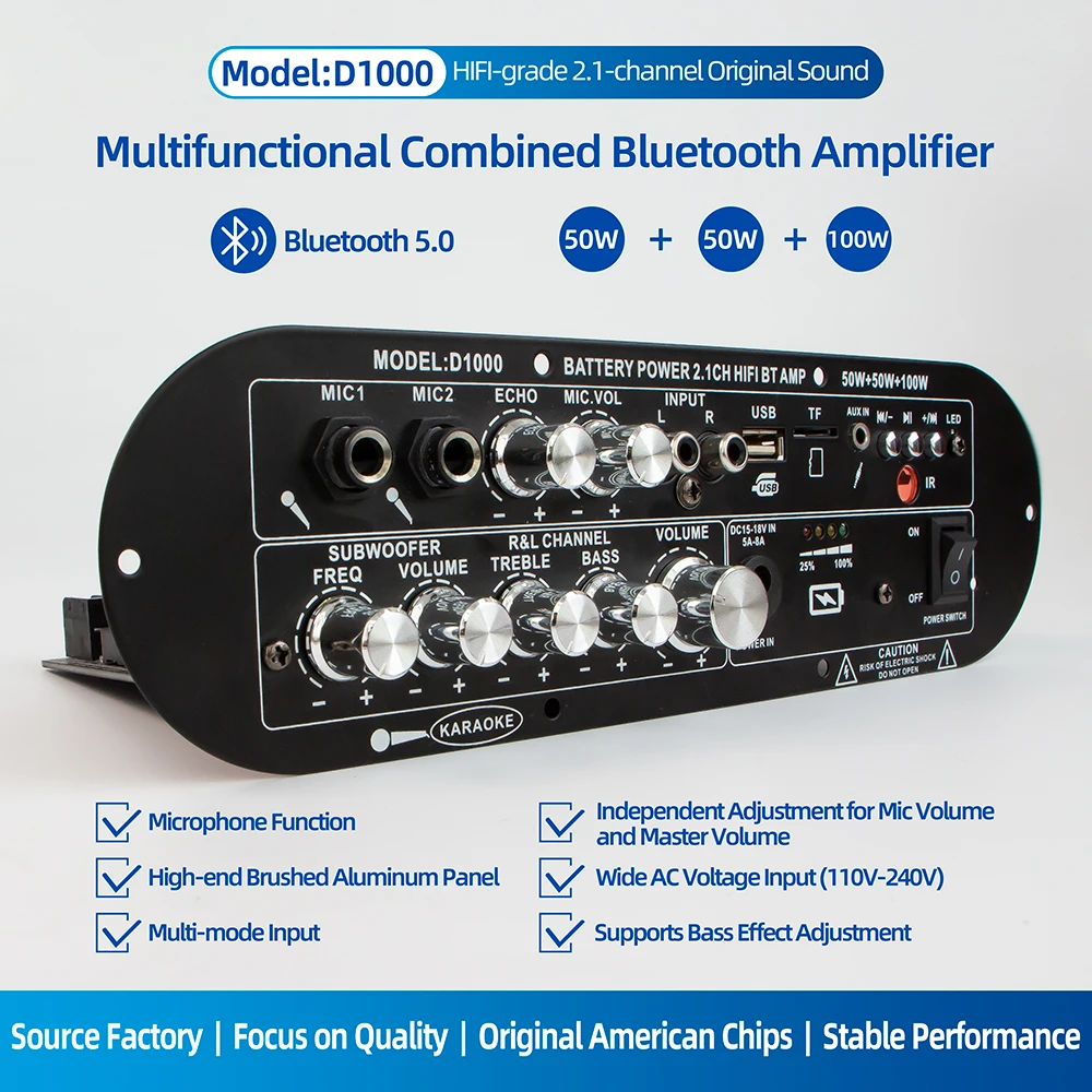 2.1 Channel BT Digital Amplifier Board DC15-18V High Power Subwoofer Audio Amplifier Board BT 5.0 Support AUX MIC FM USB TF Card