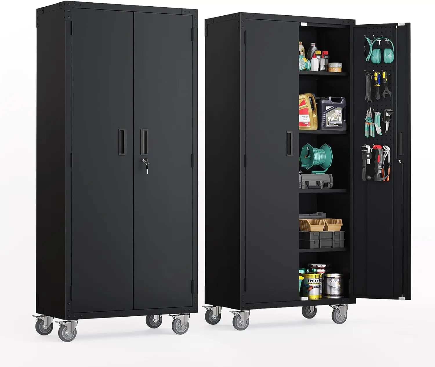 72'' Tall Garage Storage Cabinet, Metal Storage Cabinet with Pegboards, Wheels, Locking Doors and Adjustable Shelves (Bla