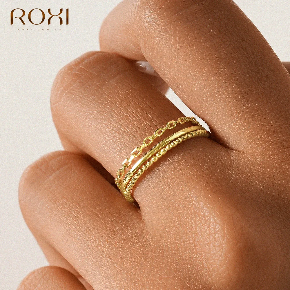 ROXI 925 Sterling Silver Three Piece Rings Set For Women 17.5mm Personalized Design Style Smooth/Twists/Chain Ring Party Jewelry