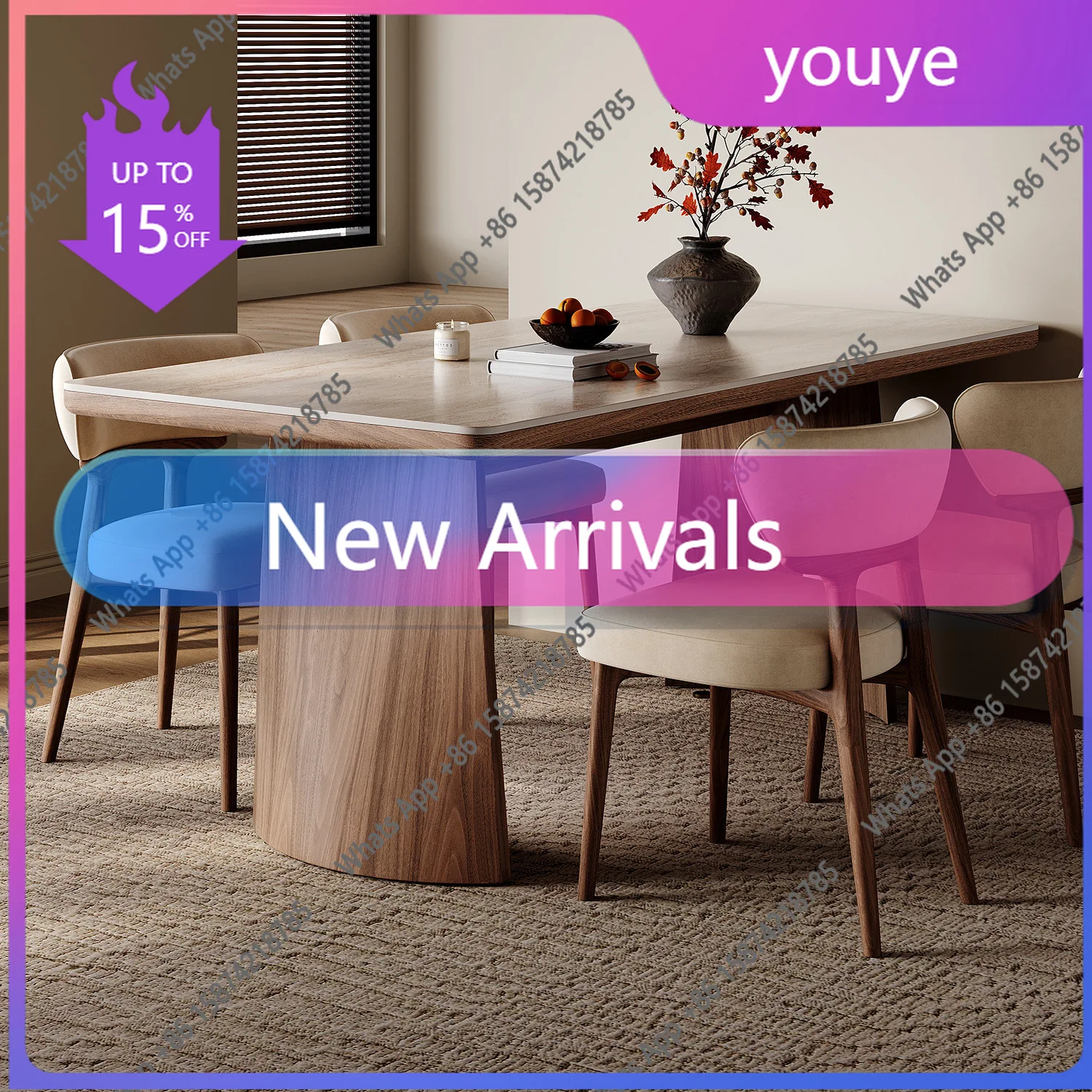 C Medieval Solid Wood Travertine Rock Slab Dining Table And Chair Combination Household 2025 New Nordic Walnut Rectangular Dinin