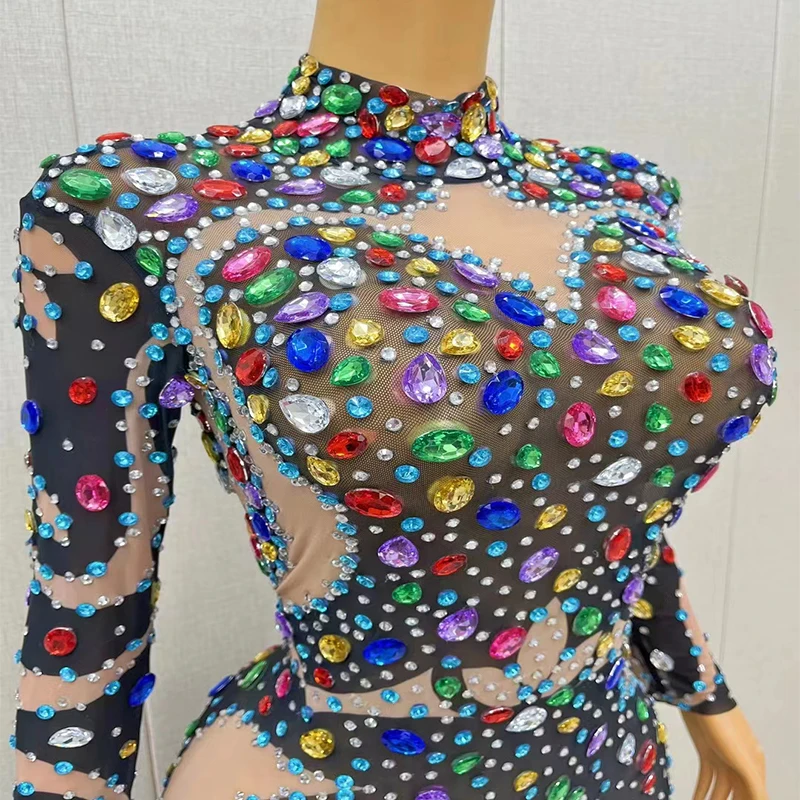 Female Long Jumpsuit Mesh Crystals Rhinestones Colorful Evening party Nightclub Club Fashion Sexy Performance Clothes Stage Wear