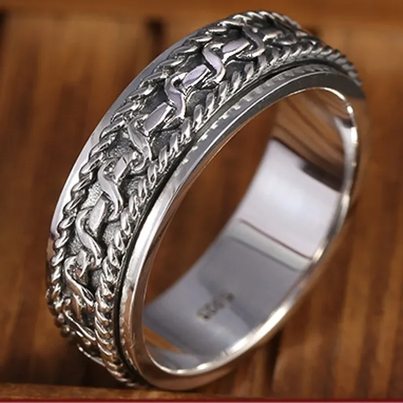 

New Real S925 Silver Jewelry Vintage Good Luck Turning Hemp Pattern Man Ring Fashion Gifts Wholesale Free Shipping