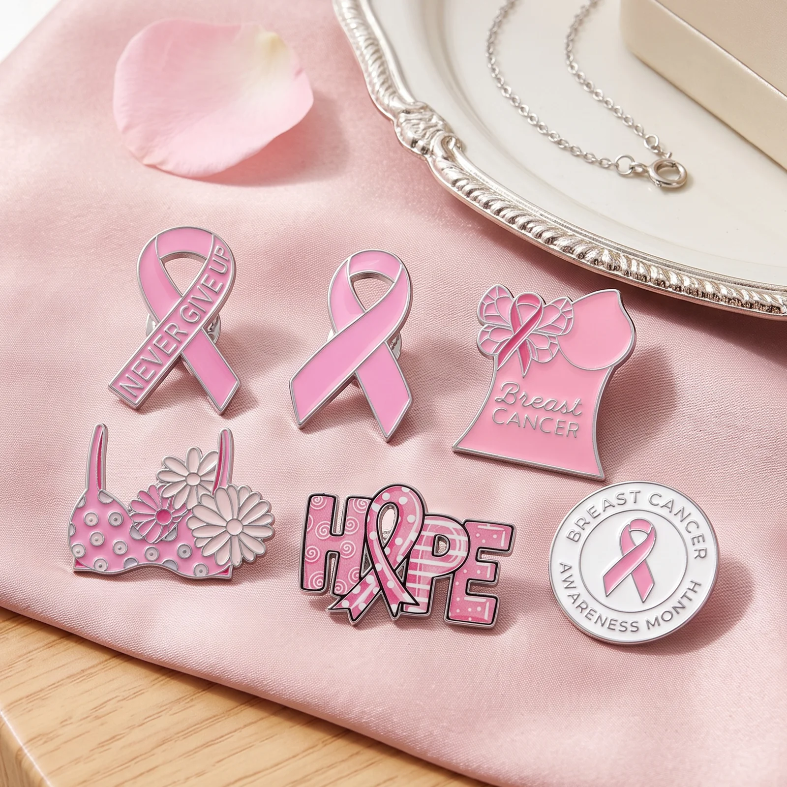 6pcs Breast Cancer Awareness  Pin for Men Unisex Wear Creativity Enamel Pink Ribbon Badge Hope Never Give Up Gift for Women
