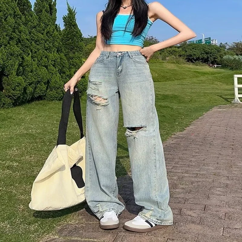 

Женские рваные широкие джинсы, приталенный крой, летние брюки с завышенной талией, свободный крой, утягивающие брюки прямого кроя в пол.