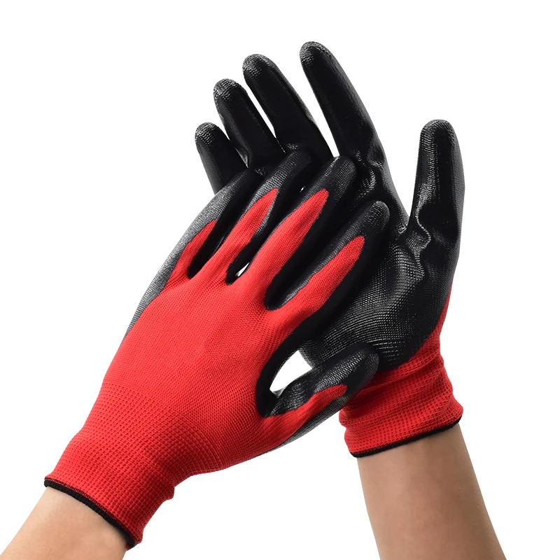 3 Pairs Red and Black Nylon Nitrile Labor Protection Gloves Thickened Wear-resistant Anti-slip Work Gloves Nylon Dipped Gloves