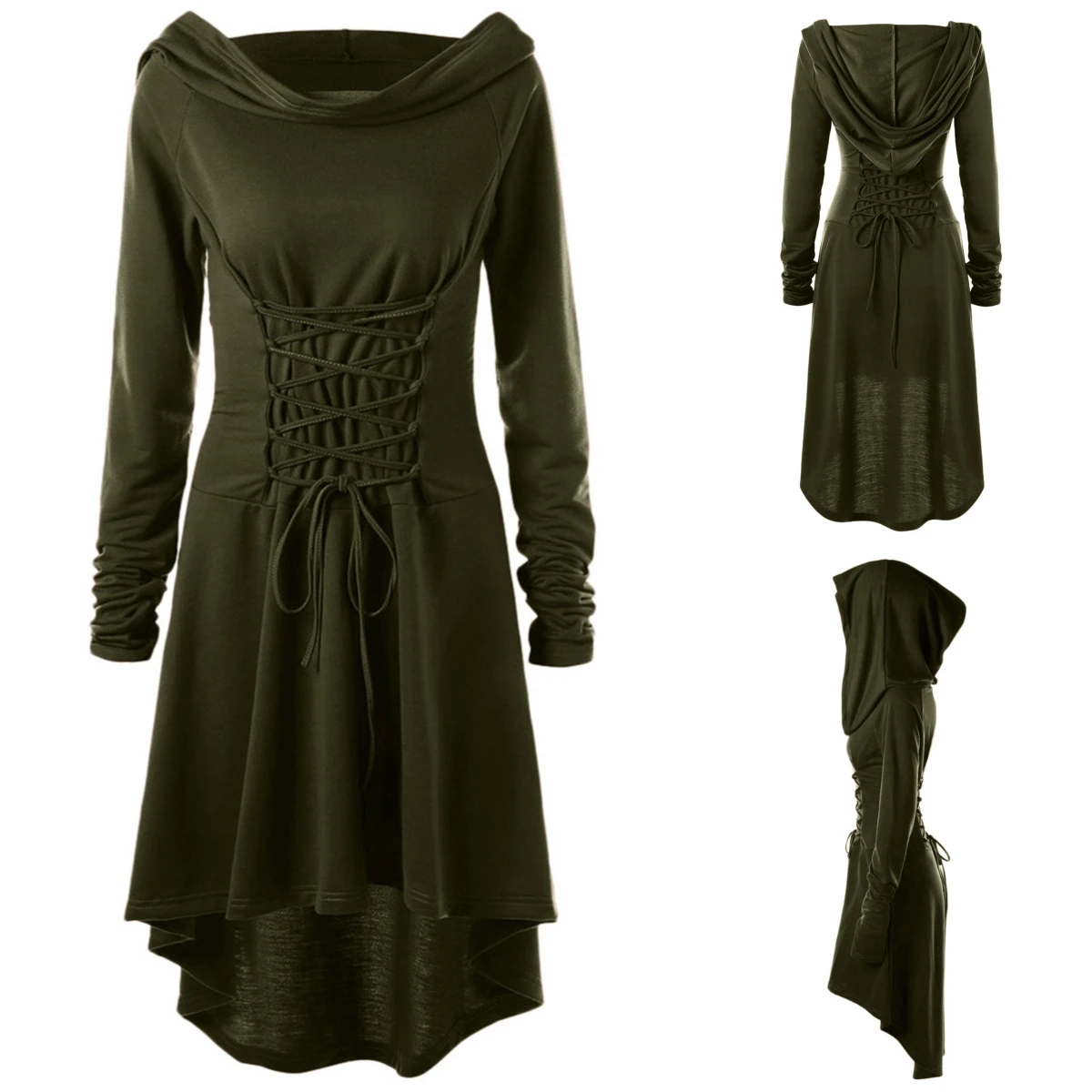 Vintage Damen Cosplay Kostüm Mittelalterlicher Kapuzenpullover mit Schnürung für Frauen Viktorianisches Casual High-Low Bandage Langes Kleid Umhang