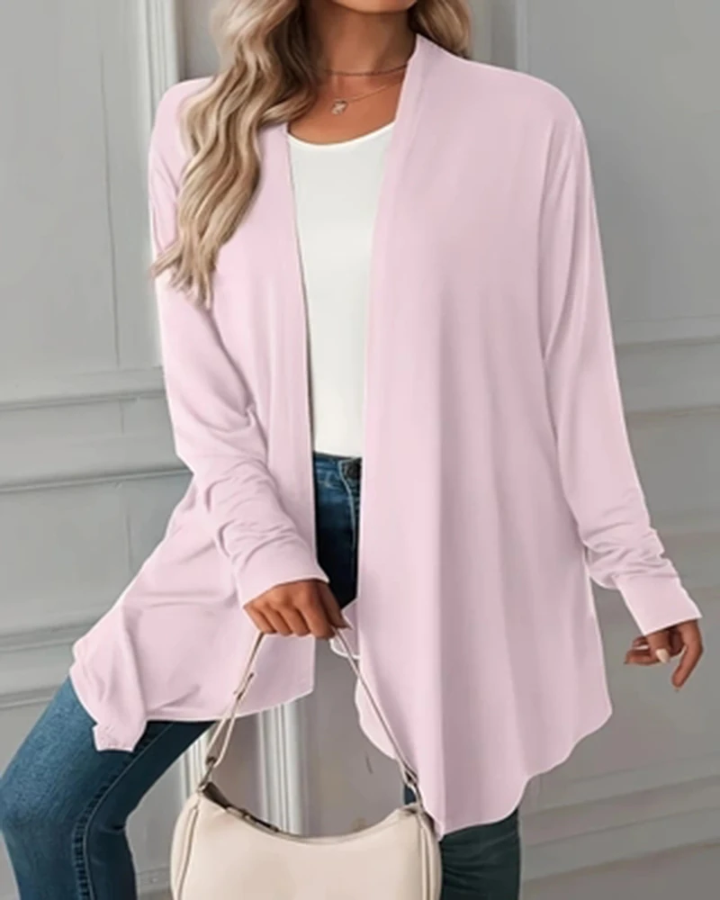 Plus Size Solid Color Open Front Top, Casualowy top z długim rękawem na wiosnę i jesień, odzież damska w dużych rozmiarach