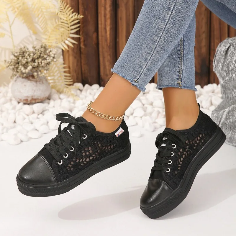 Women Shoes Spring Autumn Summer Fashion Casual White Cutouts Lace Canvas Hollow Breathable Platform Flat Sneakers Tennis Walk