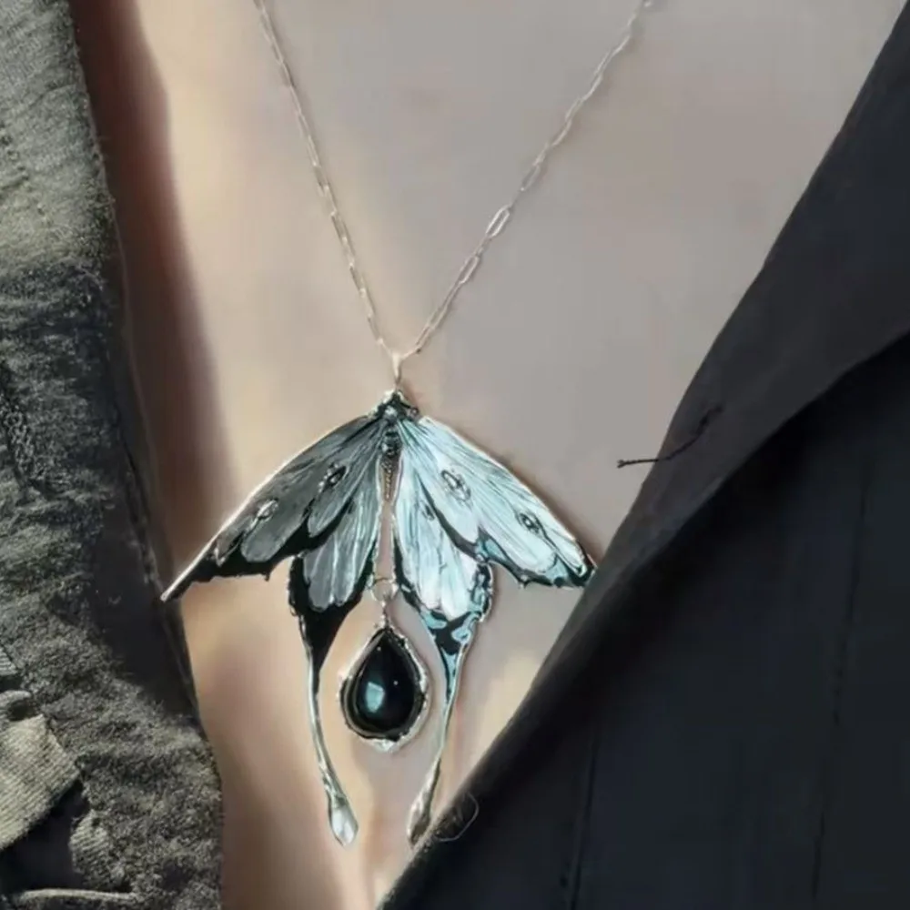 New Gothic Moth Pendant Necklace Dark Aesthetic Geometric Sweater Chain Metal Butterfly Choker Necklaces Women
