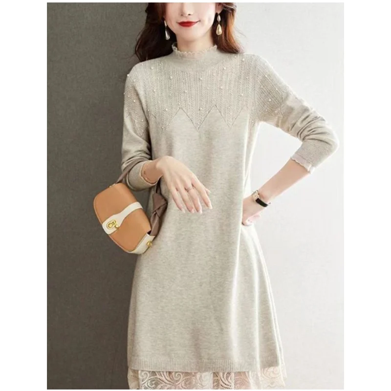 السيدات مزاجه الماس نصف الارتفاع طوق كم طويل ميدي فستان الخريف الشتاء خمر الحياكة س الرقبة فستان أنيق المرأة #4