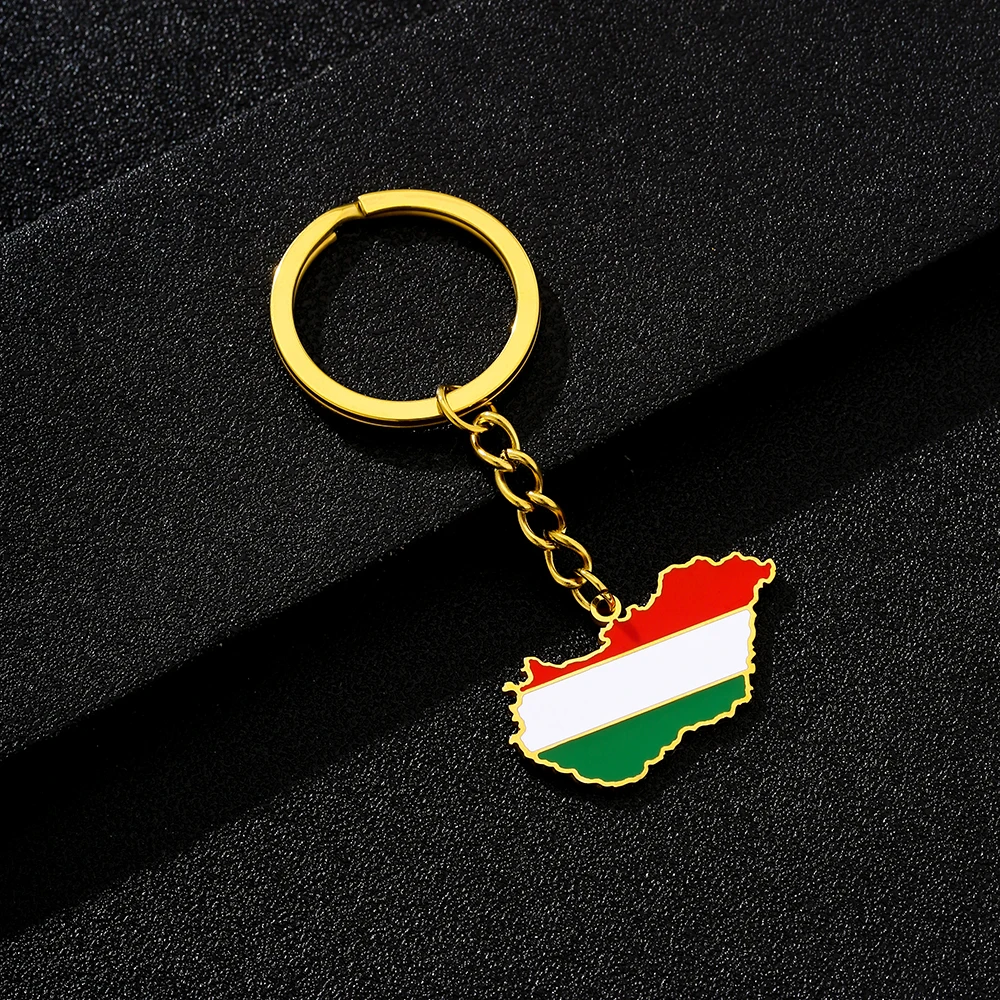 سلسلة مفاتيح جديدة من الفولاذ المقاوم للصدأ للأزواج، طراز عرقي، غراء بالتنقيط، خريطة المجر، العلم الوطني، زخرفة سلسلة المفاتيح #4