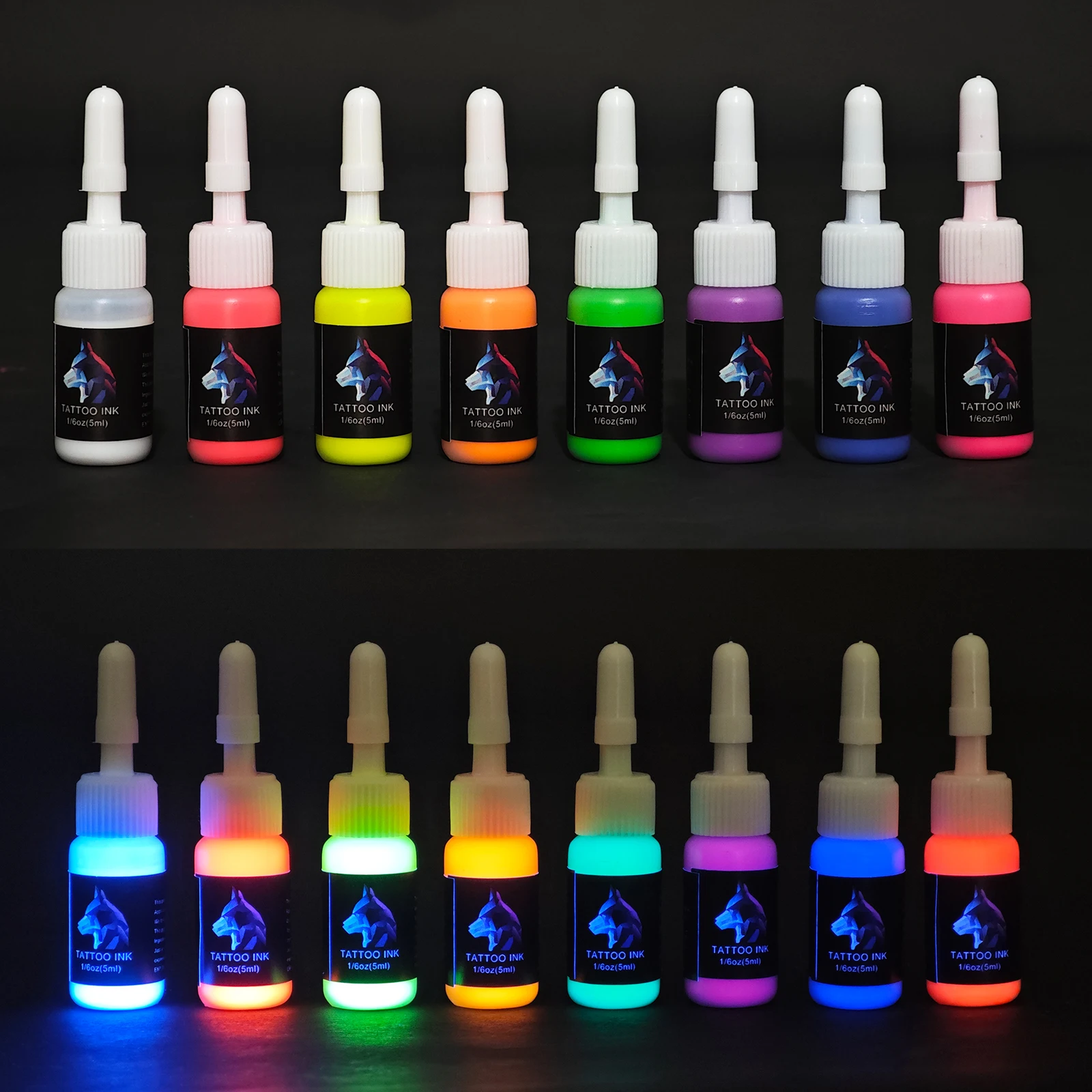 ชุดหมึกสักเรืองแสง 8 สี 15 มล. (1/2 ออนซ์) สำหรับแฟชั่นที่มีสีสันเรืองแสงศิลปะบนร่างกายเรืองแสงผลผ้าใบมนุษย์
