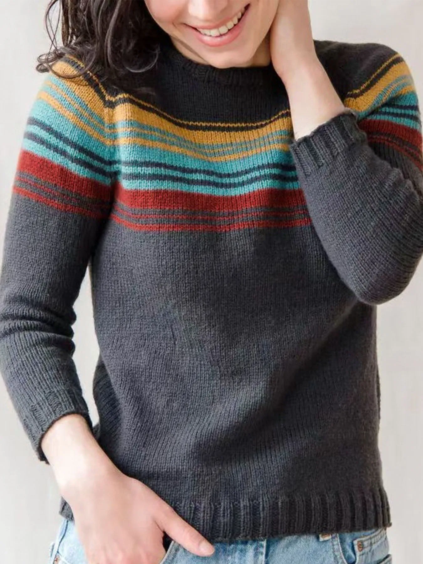 

Women's Clothing - New Fashionable Casual Women's Colorful Stripe Contrast Round Neck Hoodie Knitted Shoulder Long Sleeve