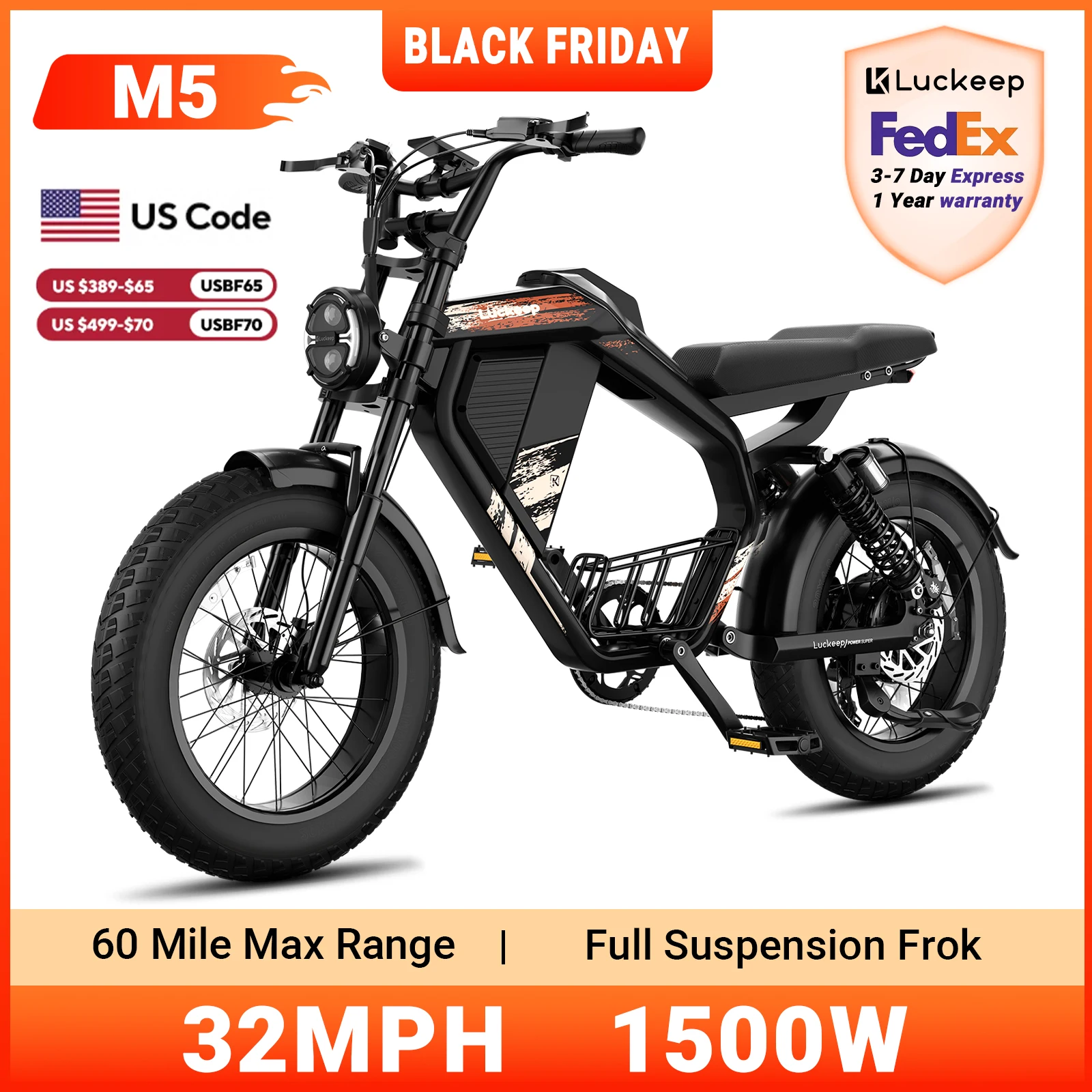 Luckeep M5 電動自転車 大人/ティーン向け、1500Wピークモーター、最高速度32MPH、48V 15AHバッテリー、最大走行距離60マイル 電動バイク