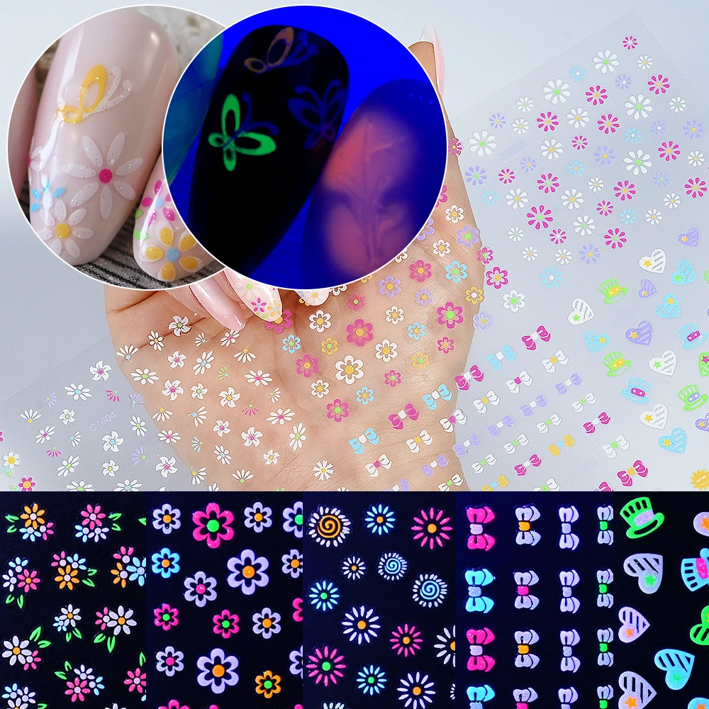 24pcs Fluorescent Flowers Nail Art Sticker Glow In Dark Butterfly/Heart/Bow DIY Adhesive Slider Floral Petals Manicure Decals