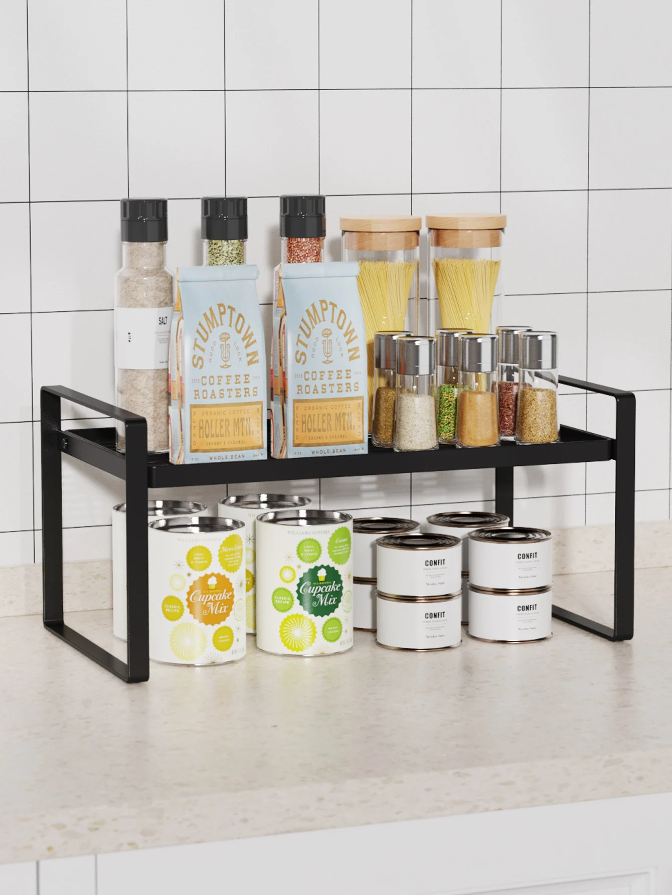 Black Cabinet Storage Shelf Organizer Rack for Kitchen Bathroom Pantry Spice Cupboard Coffee Countertop Home Office Desk