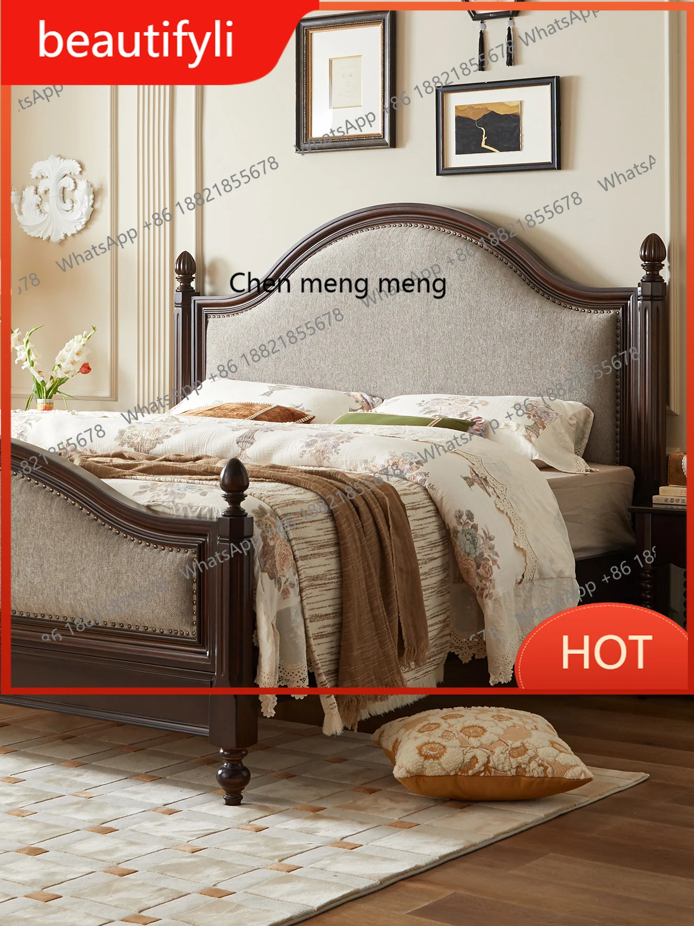 

A139 Американская ретро-кровать из цельного дерева, мягкая тканевая кровать 1,8 метра, двуспальная свадебная кровать для маленькой квартиры, спальни
