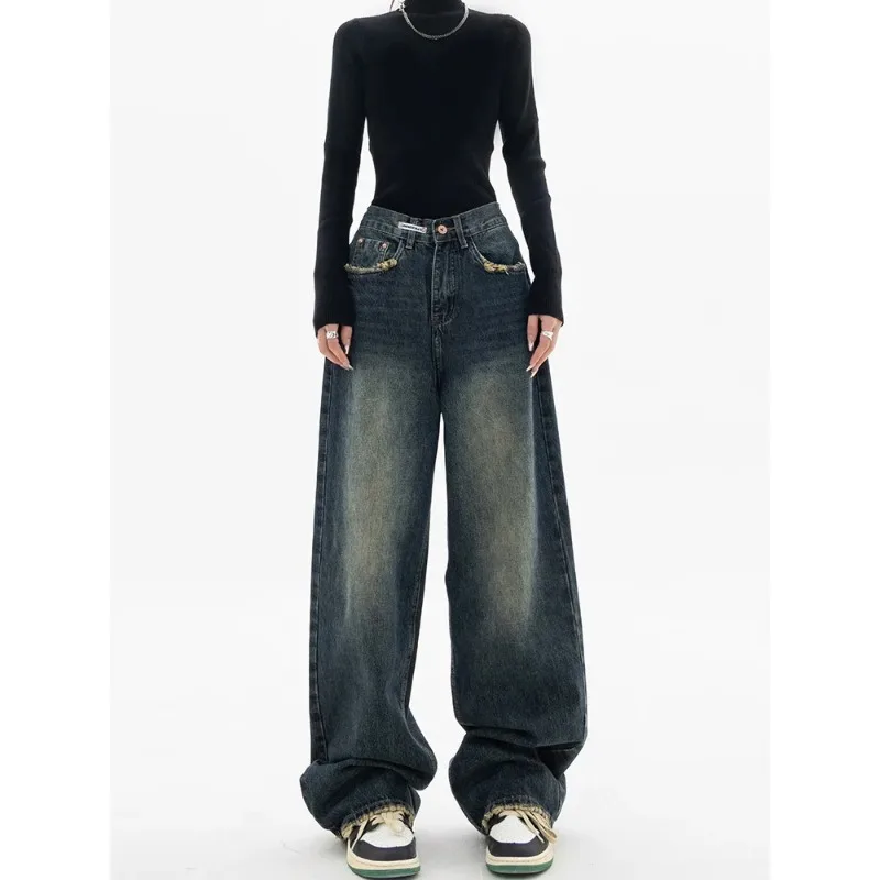 Jeans a gamba larga primavera autunno Pantaloni in denim a vita alta da donna Jeans da donna Harajuku Vintage stile BF Allentato Femme Streeetwear