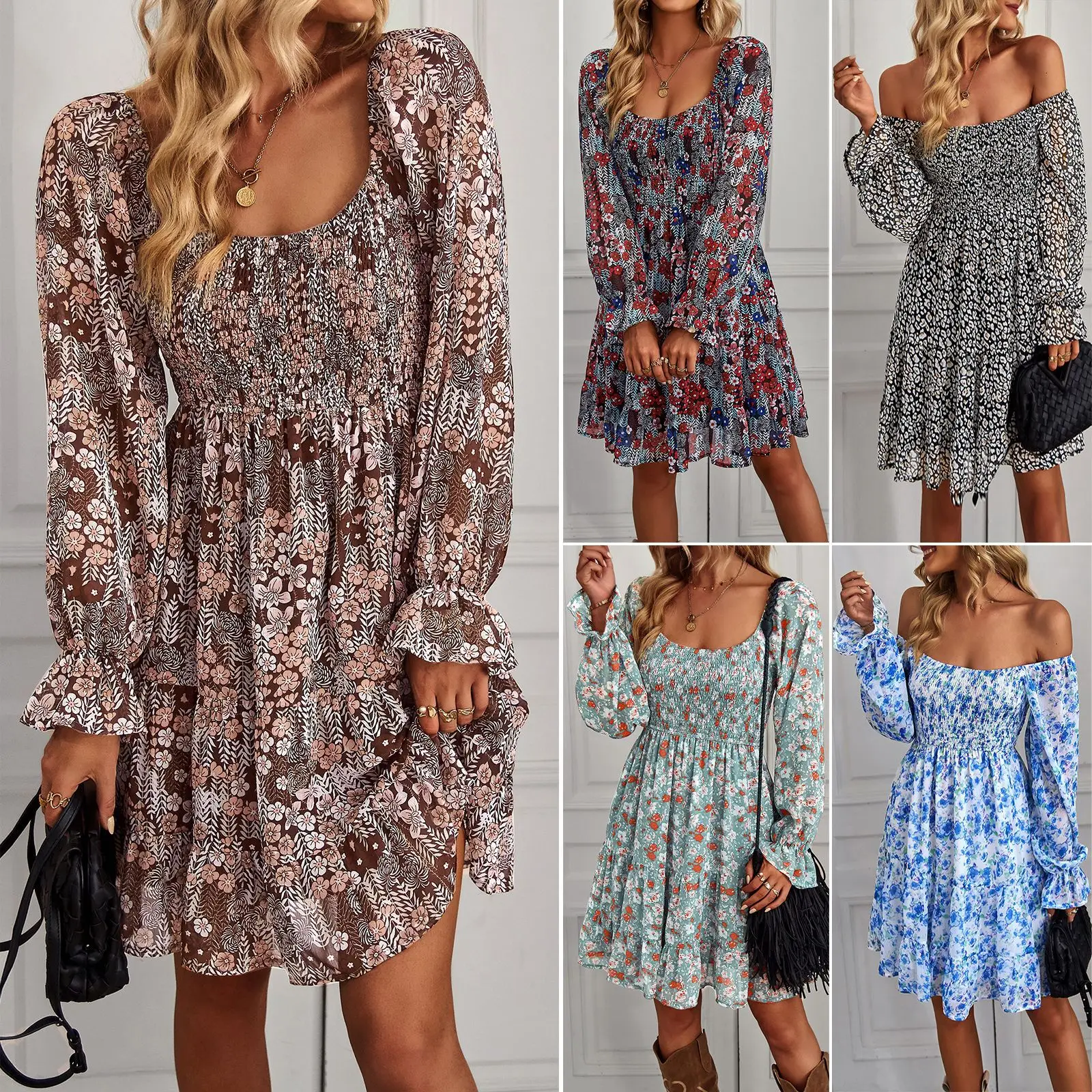 

Women's Long Sleeve Floral Printed Dress, Boho Medium Dress, Summer U Neck