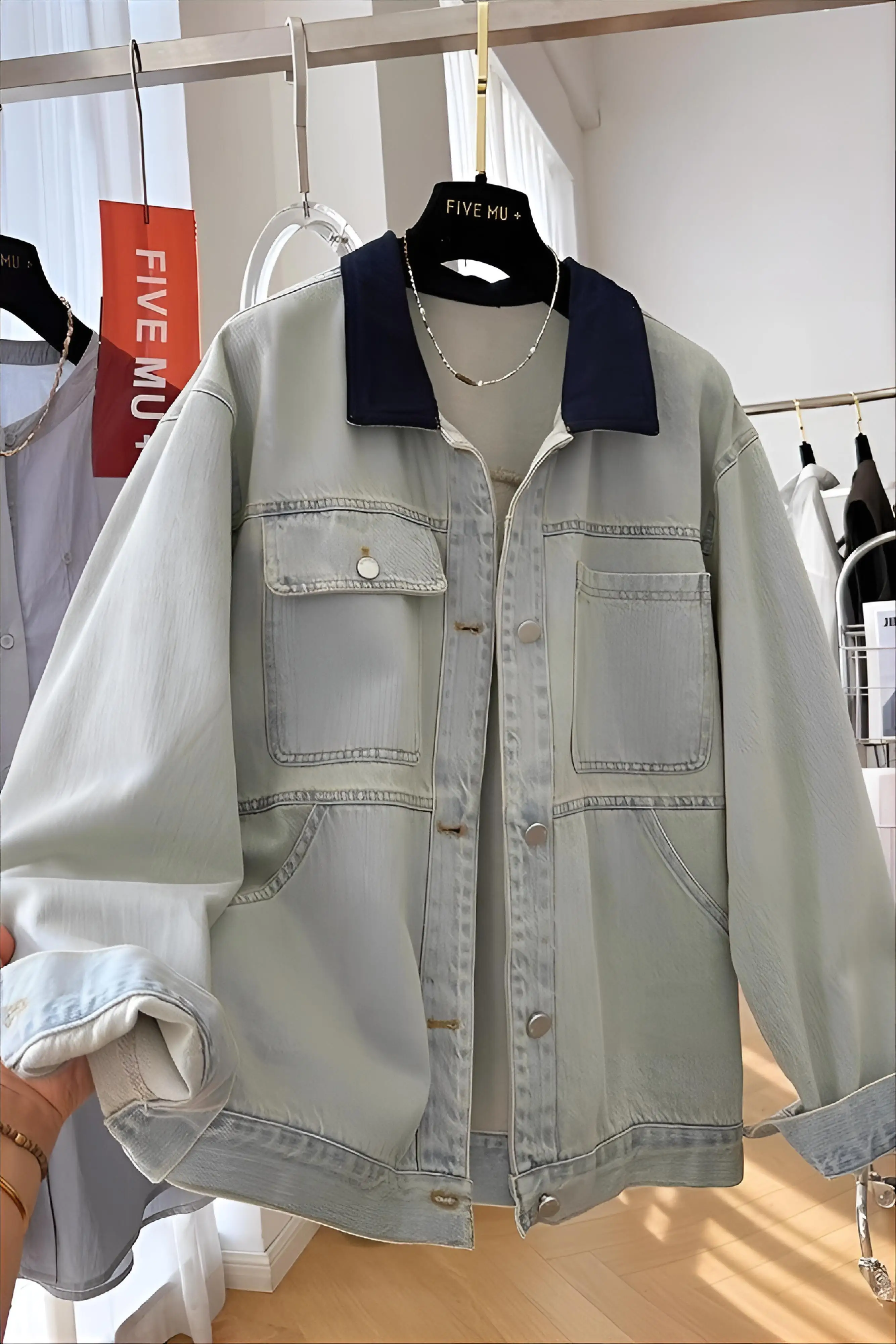 

Denim Coat Women Womens Winter Lambswool Lining Quilted Hooded Functional Four-Pocket Appliques Mountaineering Waistband OL