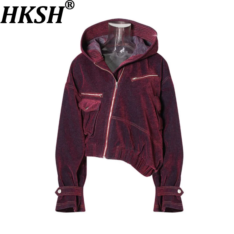 

HKSH Spring Autumn New Women Denim Jacket Hooded Asymmetric Zipper Pocket Retro Streetwear Punk Fashion Hip Hop Ins Coat HK18070