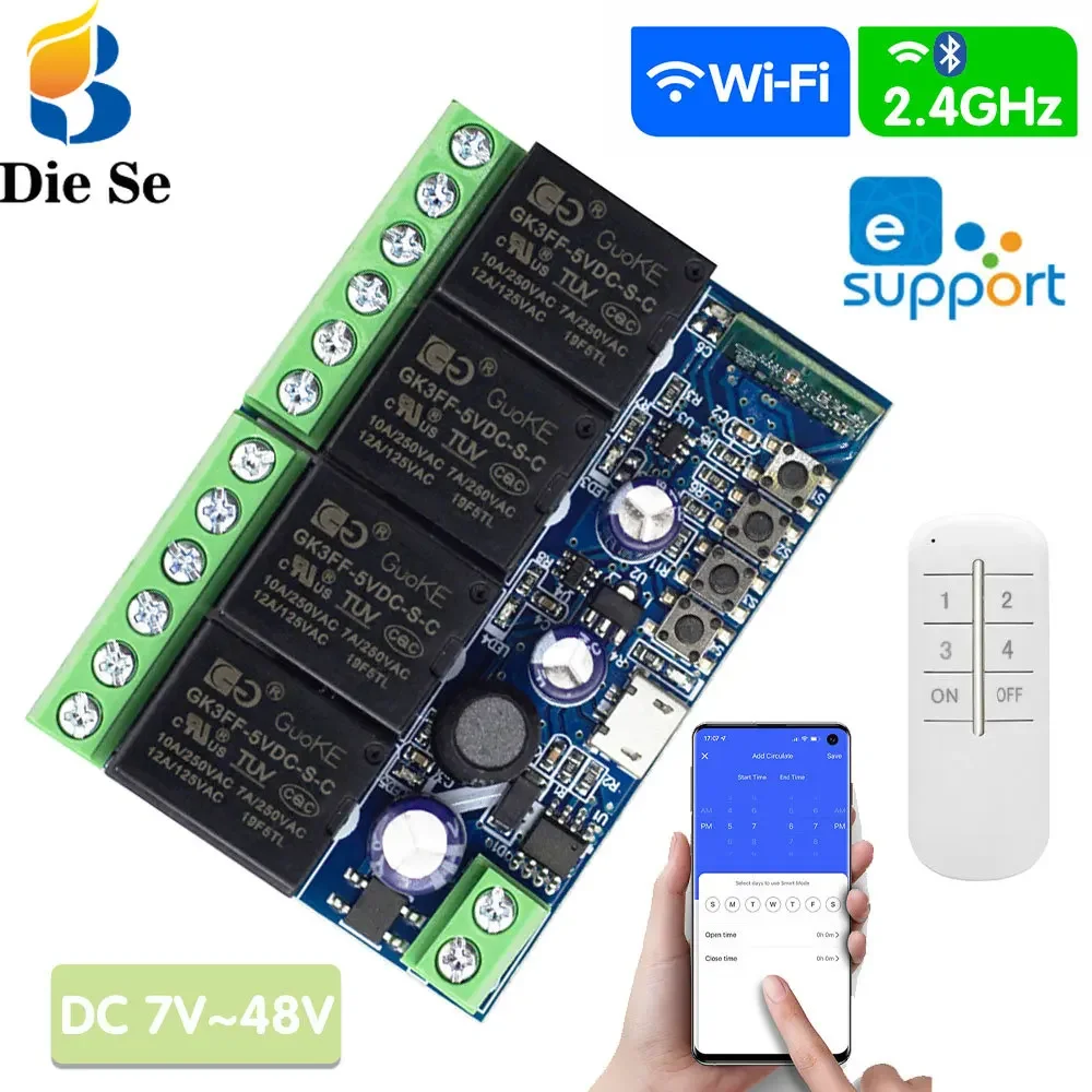 

EWeLink WIFI Smart Module Switch DC 12V 24V 48V 4 Channel Relay Receiver 2.4GHz Remote Control Work with Alexa,for Gate Door Led