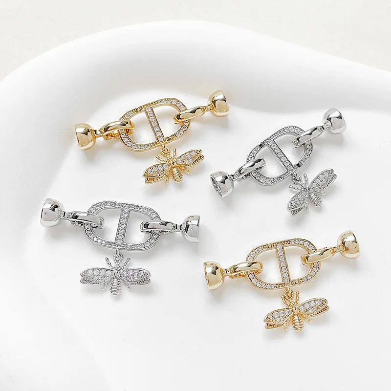 1pc Copper Plated Gold Inlaid Zircon Japanese Bee Pendant Pearl Buckle Diy Bracelet Necklace Beaded Jewelry Accessorie Wholesale