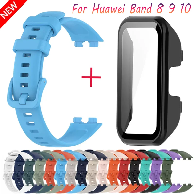 PC-Gehäuse + Silikonarmband für Huawei Band 10 9 8 HD-Bildschirm, gehärtetes Glas, Anti-Fall-Shell, Sport, bequemes Armband, Huawei Band 10