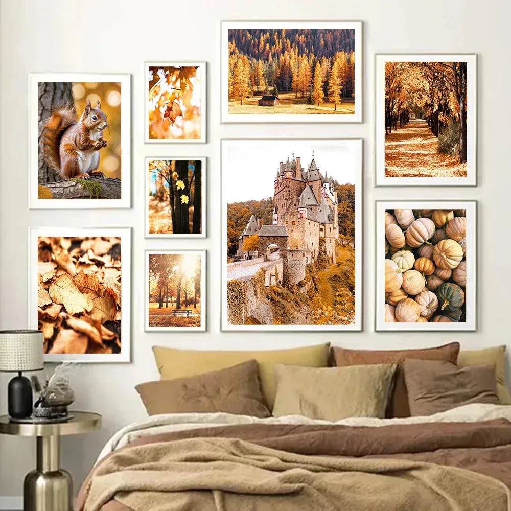 Herbst Wald Landschaft Poster Leinwand Malerei Herbst Blätter Eichhörnchen Kürbis Wand Kunstdruck Bilder Wohnzimmer Wohnkultur