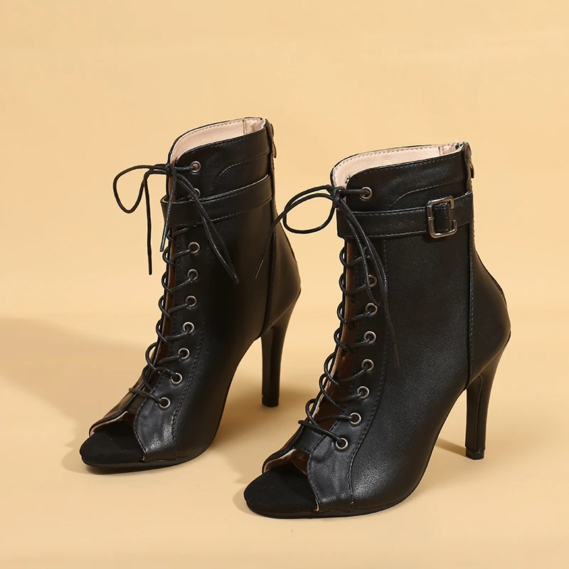 2026 New Fashion Women Indoor Jazz Dance 6CM Heels Shoes Zipper Open Toe Lace-Up Black Sexy Dancing Girl Summer Sandals Shoes