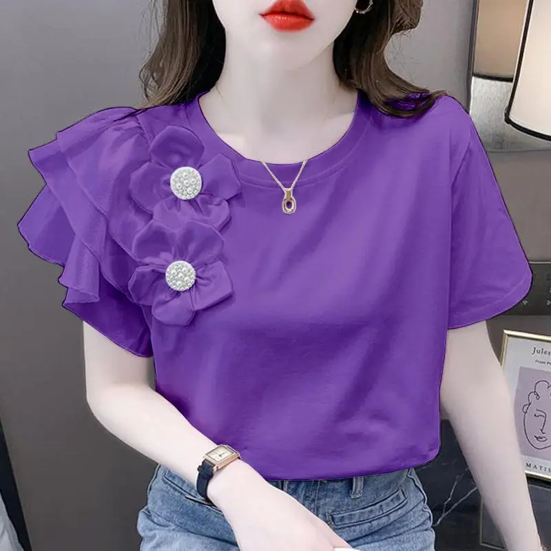 Fashion O-Neck Spliced Beading Tie Flowers Ruffles Blouse Women\'s Clothing 2023 Summer New Oversized Casual Tops Sweet Shirt