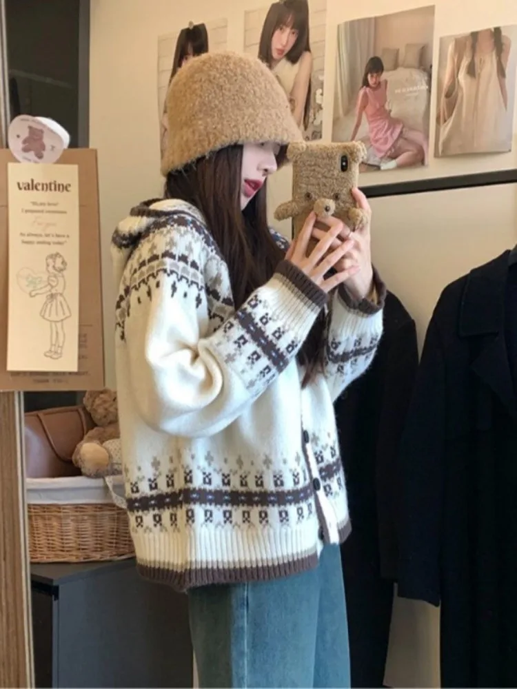 Women's 2026 Winter Vintage Color Block Hooded Knit Cardigan Loose Slimming Soft Slouchy Thick Warm Elegant Chic Coquette