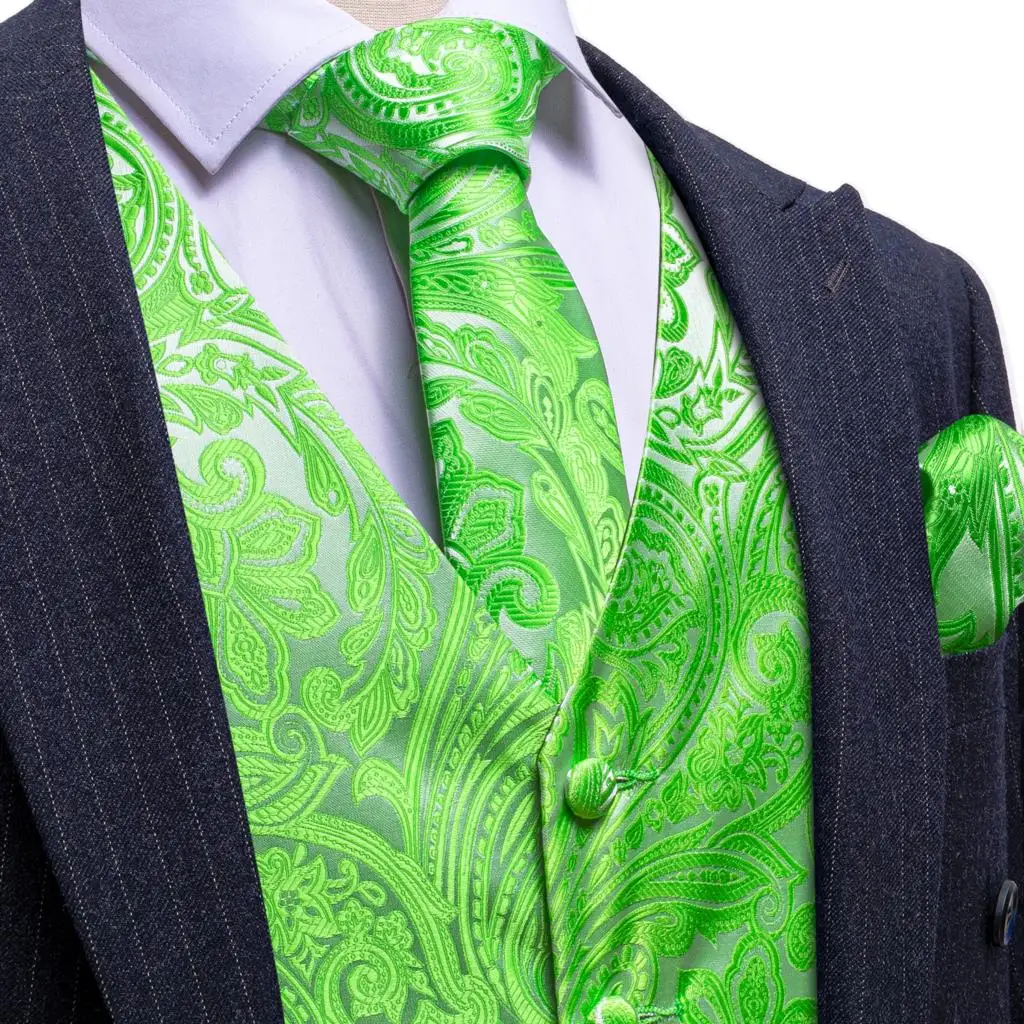 Elegant Vest for Men Silk Green Embroidered Waistcoat Tie Set Wedding Formal Male Suits Party Business Sleeveless Barry Wang