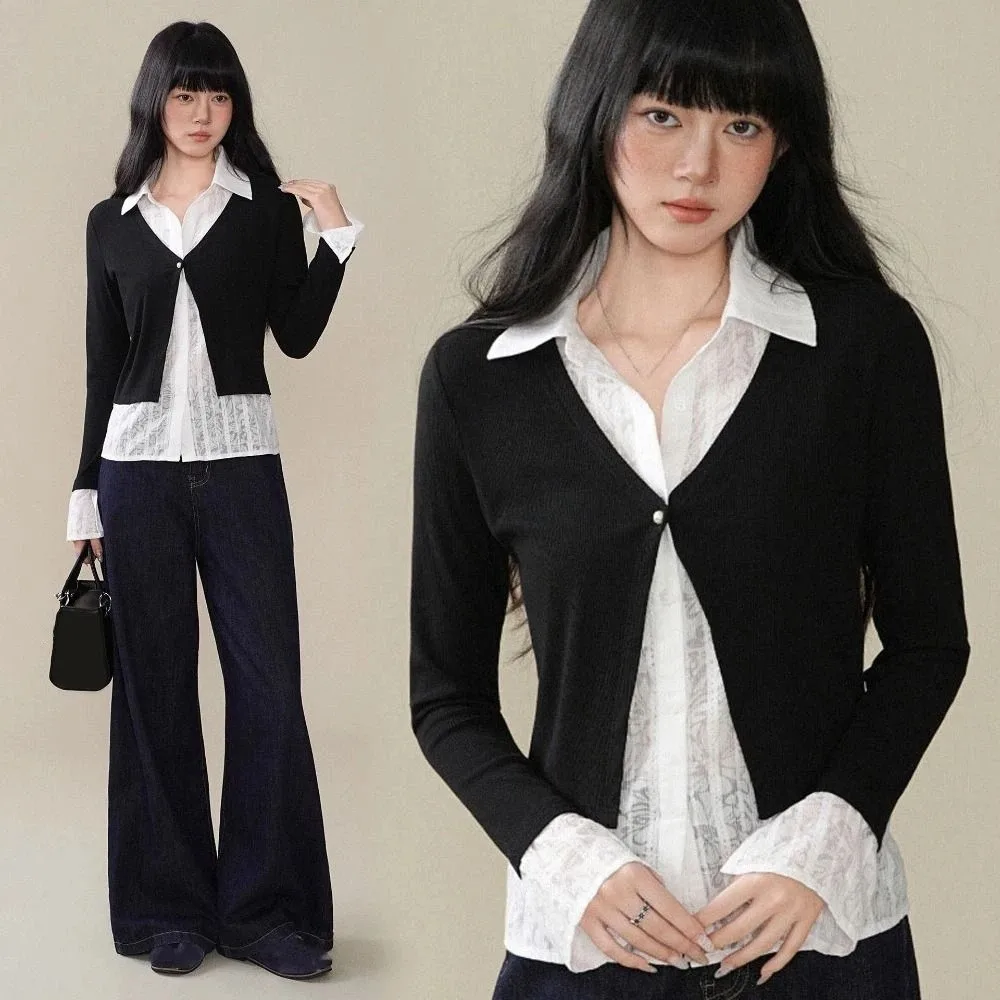 

Slim Fit False Two-piece Top Korean Style Sweet Lace Long Sleeved Knitwear Patchwork Flip Collar Knitted Top Women