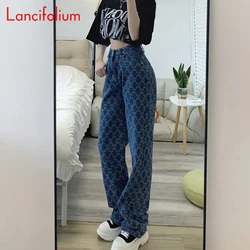 Streetwear Blue Plaid Denim Pants Summer Thin Korean Vintage Harajuku Print Baggy Wide Leg MAXI Straight Jeans Pants Women 2022