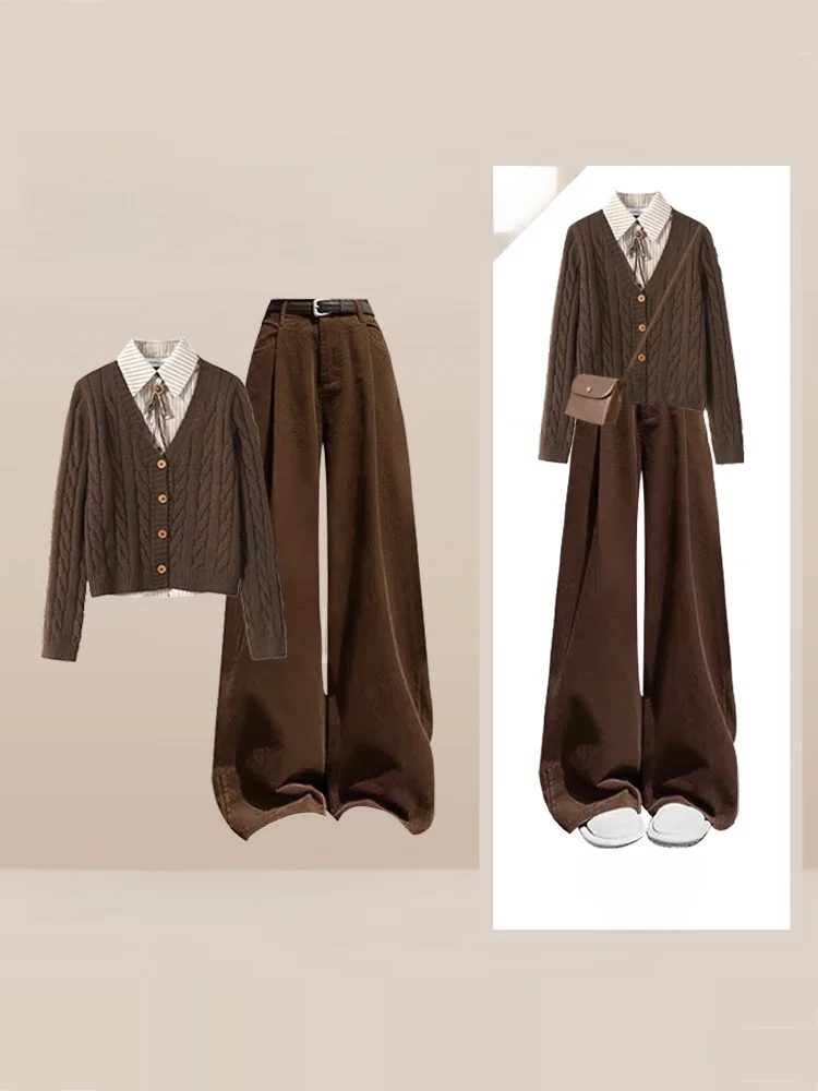 

Ce Brown Aosphere сращивание искусственный двухсекционный вязаный свитер осень-зима широкие брюки новый комплект из двух предметов колледж Sle