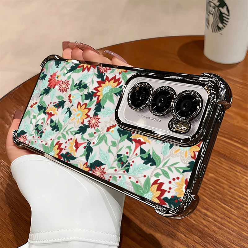 Honor 600 Lite Luxury Plating Phone Case For Huawei Honor 400 200 Smart 50 Play 60 Plus 10 Flower Leaves Print Shockproof Cover