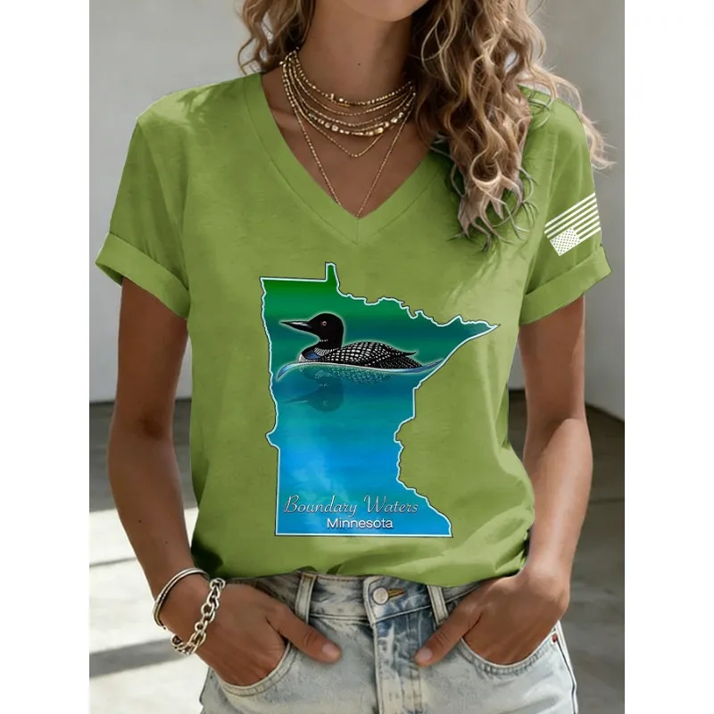 ilstile Women's Short  Retro Save The Boundary Waters BWCAW Print Summer T-Shirts Summer Casual V Neck Black White Blue Tops