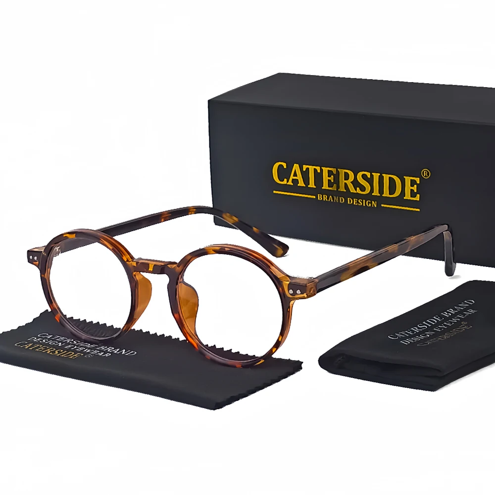 CATERSIDE Retro Round Eyeglass Frames for Men TR-90 Frame Acetate Temple Glasses Myopia Prescription Women Computer Eyewear