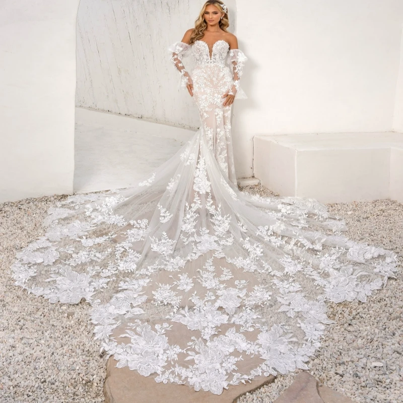 

Luxury Champagne Dubai Arabic Mermaid Wedding Dresses Applique Flower Tull Court Train Wedding Dress Bridal Gowns vestidos de