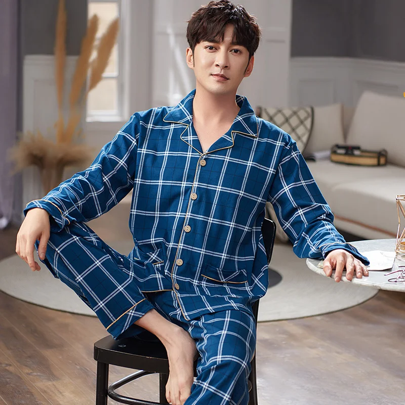 Men's Sleepwear Plaid Printing Home Suit Soft Cotton Pyjamas For Man Autumn New Mens 2 Pcs Cardigan Pajamas Set L-3XL