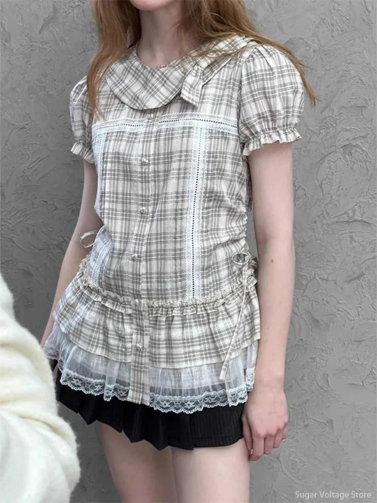 American Retro Style Puff Sleeve Doll Collar Plaid Y2k Shirt Women Summer Elegant Lace Trim Slim Tops Female Streetwear Blouses