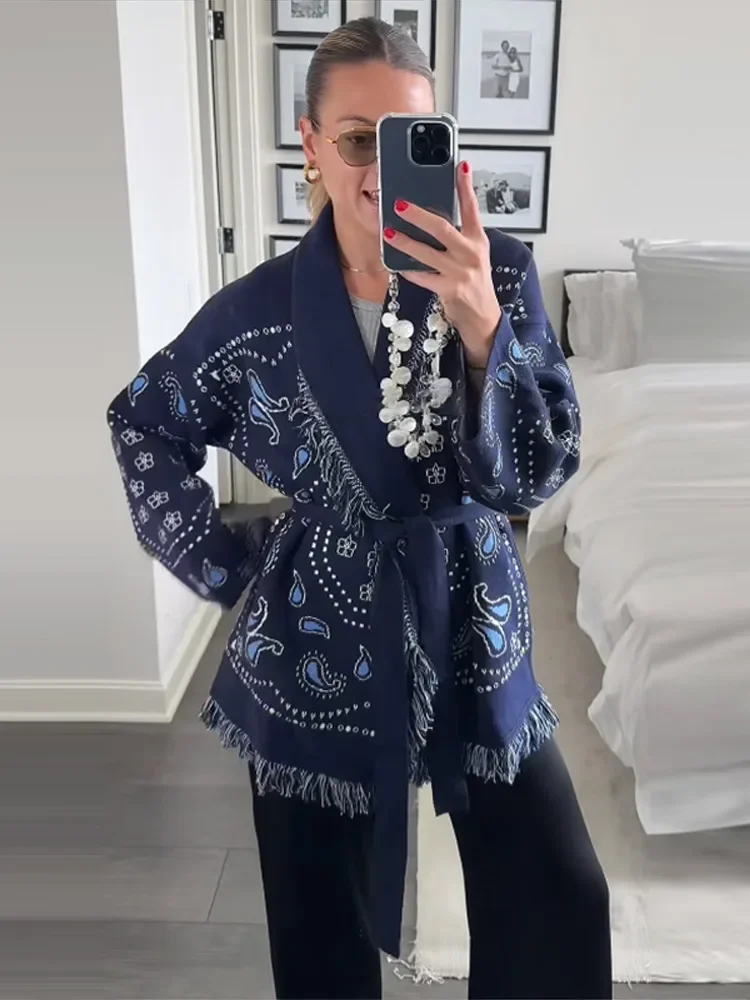 

Pop Casual Print Fringe Shawl Cardigan Women's V-neck Long Sleeve Lace Up Oversized Coats 2025 Autumn New Lady Boho Cover-Up