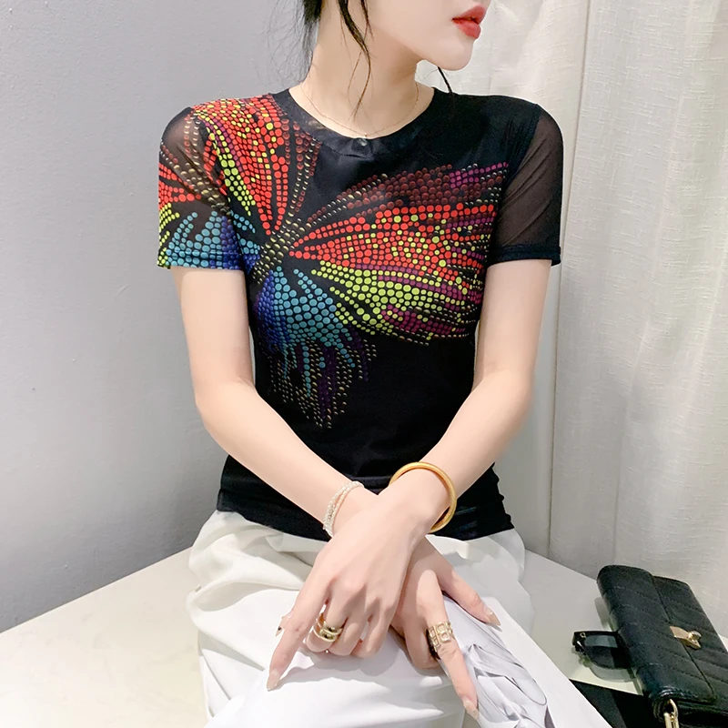 2024 O-neck Mesh High Street Female Three-Dimension T-shirt Spring Summer Printed Art Butterfly Woman S-4XL Short Sleeve Chic