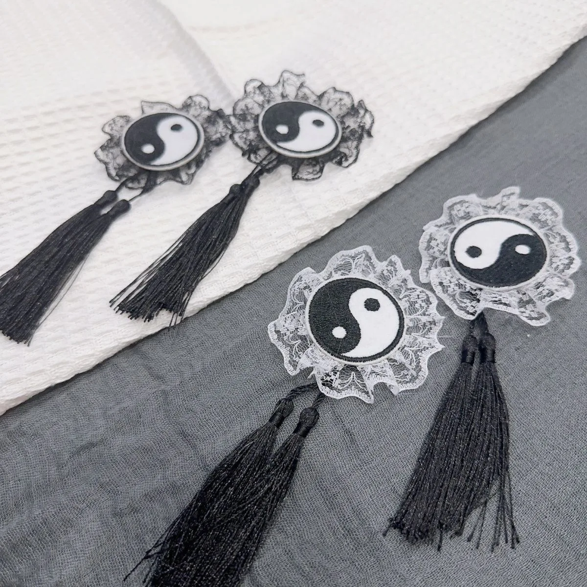 Y2K Punk Zwart Wit Tai Chi Haar Clip Kant Kwasten Haarspeld Hoofddeksels voor Vrouwen Lolita Haaraccessoire